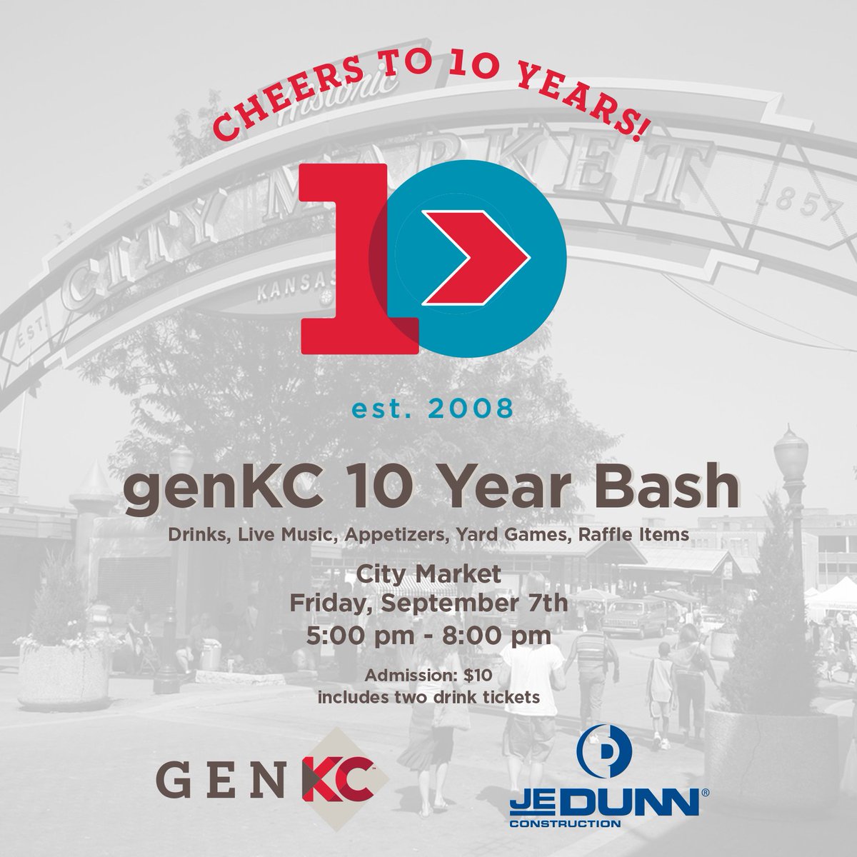 genKC's tweet photo. RAIN OR SHINE, our #10YearBash is tonight: City Market, 5-8pm. Drinks,
food, games & a live band! Take the street car or limited parking is
available. Check-in will be located at the entrance
off of 5th & Walnut. You must check-in to receive your drink
tickets & wristbands. https://t.co/34HnD3rzeT