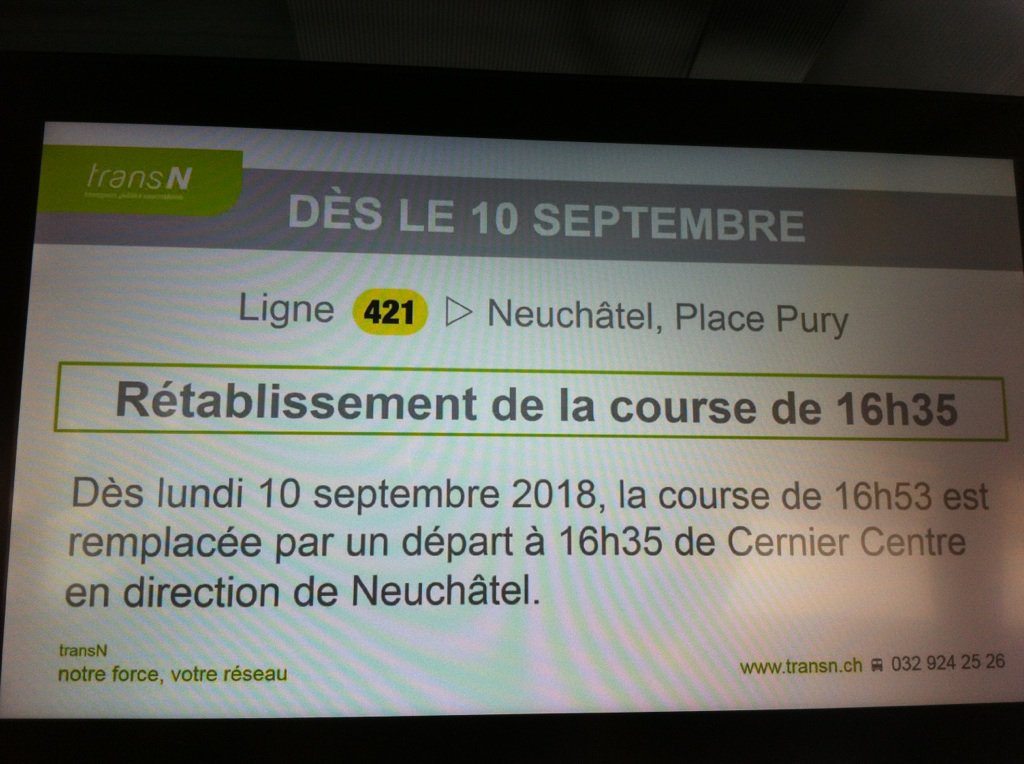Ligne 421: dès lundi 10 septembre 2018, la course de 16h35 est remplacée par un départ de Cernier à 16h35 en direction de Neuchâtel.