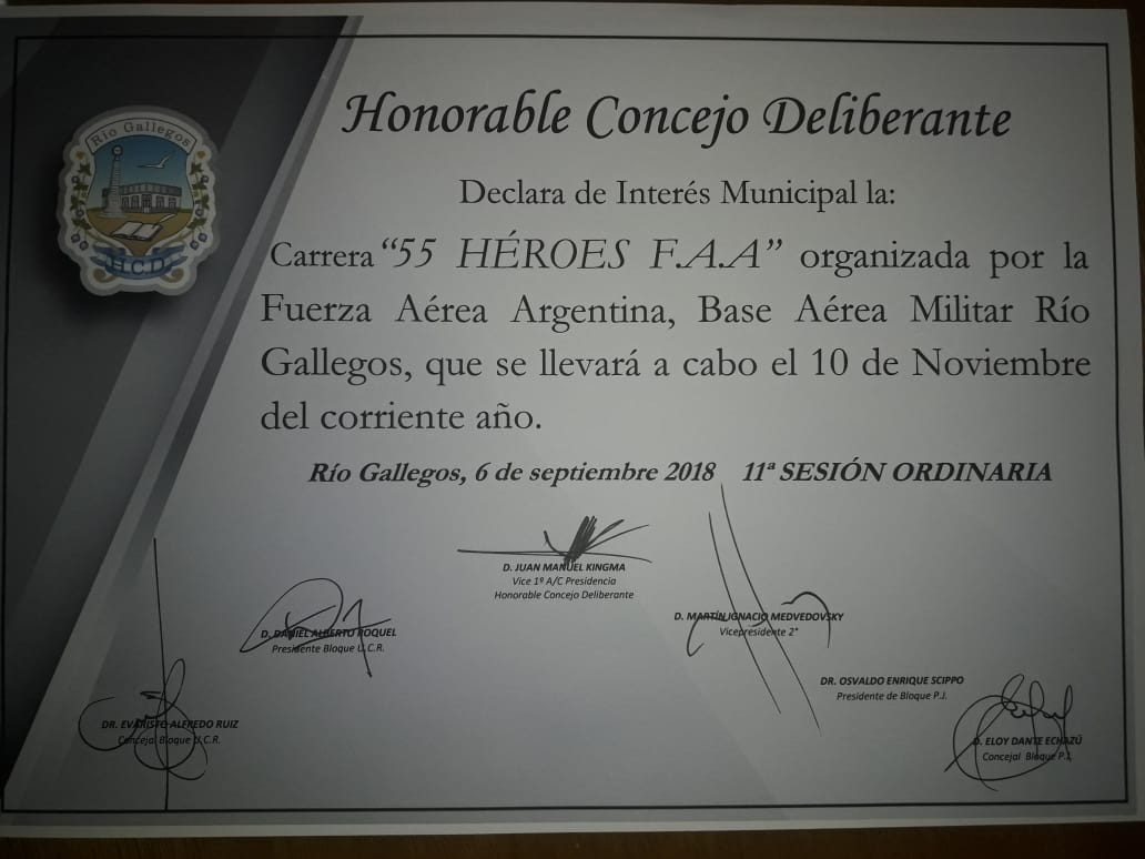 La carrera '55 Héroes' que esponsorea FOCOMFA, ha sido declarada de Interés Municipal en Rio Gallegos. Un proyecto de resolución fue elevado a la Cámara de Diputados para ser sancionado de interés provincial para Santa Cruz. #55heroes