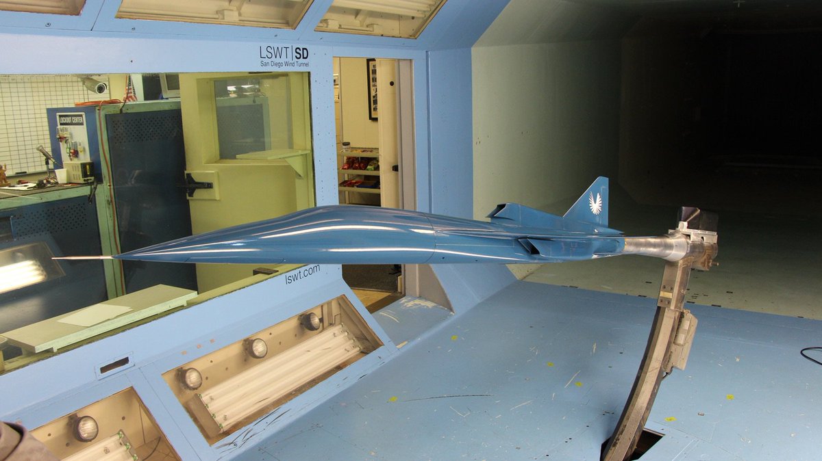 boomsupersonic's tweet image. The last major XB-1 wind tunnel test is behind us! The model performed beautifully, matching our predictions. The “dirty” one is from flow visualization with a mixture of kerosene, clay powder, and DayGlo pigment called “China clay.” Can't wait to fly the real thing next year.