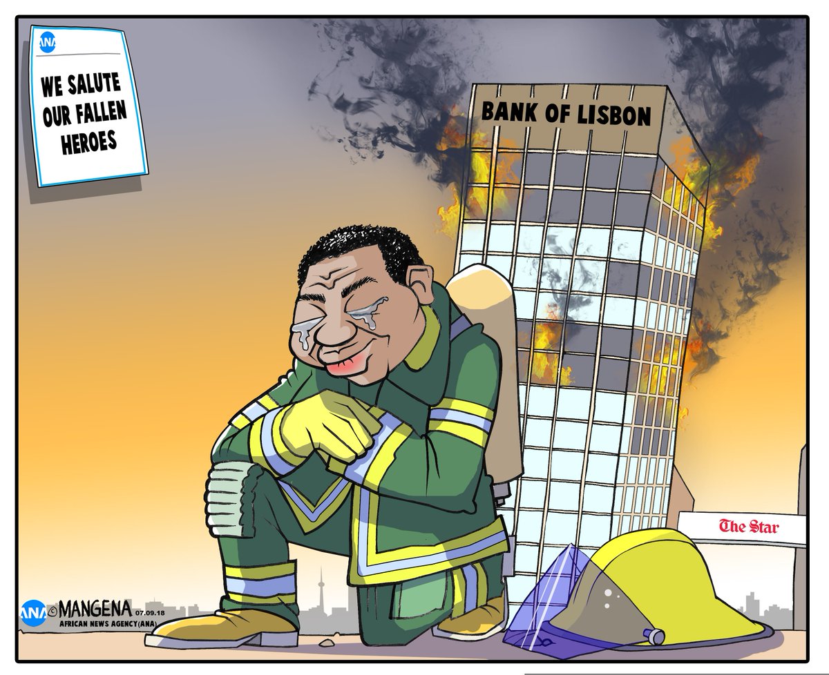 IOL's tweet photo. Today's cartoon by @Mangenatoons. #JoburgFire #JoburgCBD #Joburg #Firefighters #firefighter #Building #BuildingOnFire #BankofLisbonBuilding #Heroes #FallenHeroes #DepartmentOfHealth #Blaze #Fire https://t.co/TpoZhTLYG4