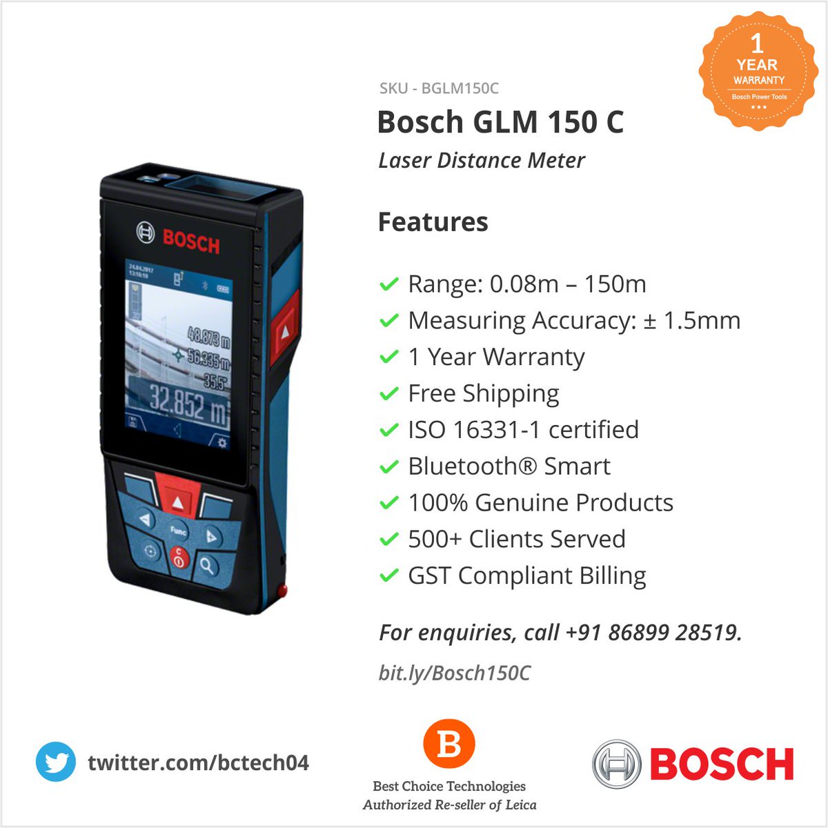 bctech04's tweet photo. Bosch GLM 150 C with Free Shipping + 1 Year Warranty > https://t.co/sN7dkMqL36 🌎📏📲 #bosch #boschpowertools #boschglobal #glm150 #boschglm150 #boschindia #freeshipping #interiordesigners #india #bestchoice #surveyequipment #laserdistancemeters https://t.co/G4nb1Qx2Mk