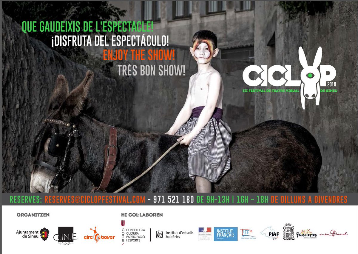 C.IN.E. (@cinesineu) on Twitter photo Una setmana perquè arribi #Ciclop2018!
Reservau les vostres entrades telefonant al 971521180 de 9 a 13h o de 16 a 18h de dilluns a divendres, o escrivint a reserves@ciclopfestival.com.
Tota la programació a ciclopfestival.com! Una setmana perquè arribi #Ciclop2018!
Reservau les vostres entrades telefonant al 971521180 de 9 a 13h o de 16 a 18h de dilluns a divendres, o escrivint a reserves@ciclopfestival.com.
Tota la programació a ciclopfestival.com!