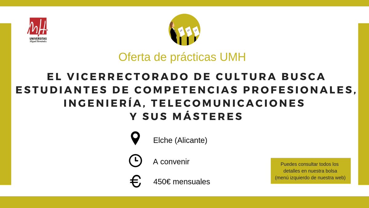 ¡Atención estudiantes de CASOC,  Ingeniería, Telecomunicaciones y sus másteres, el Vicerrectora de Cultura de la UMH os busca para prácticas remuneradas en Elche! Más información en nuestra bolsa:   observatorio.umh.es/estudiantes-bo… #empleaTutalento #ObservatorioOcupacionalUMH