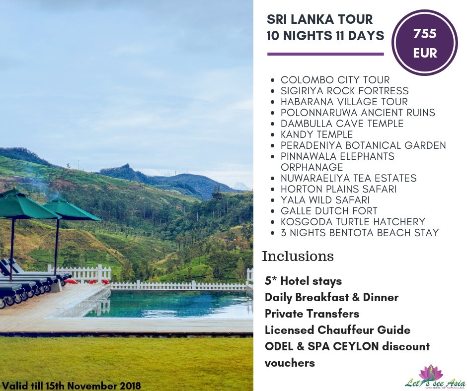 LetsSeeAsia's tweet photo. 10 Nights 11 Days Sri Lanka tour from prices starting as low as 755 EUR per person. 
SPECIAL RATES FOR GROUPS 
.
.
Contact us on info@letsseeasia.com or simply DM us for Bookings &amp; Inquires.
(Rate valid till 15th November 2018) 
#Travelsrilanka #letsseeasia #Galle #visitlanka https://t.co/PgtAC3AxDy