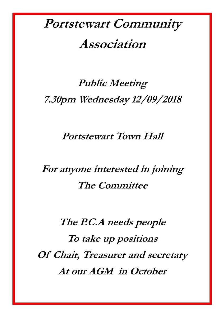 Be part of #Portstewart Community Association 
Open invitation Wednesday 12th September 
EVERYONE WELCOME