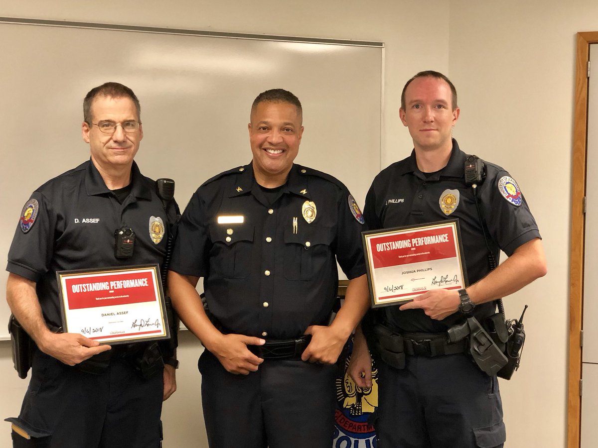 UofLPD's tweet photo. Chief Lewis recognized Officers Assef and Phillips (pictured) along with Officer Gosney Dispatchers Grady and Higgins (not shown) for their “Beyond the Call Duty” efforts surrounding bike thefts which lead to multiple arrests. Great job @UofLPD

#SafetyIsOurCardinalRule https://t.co/cGFujsz8Uo