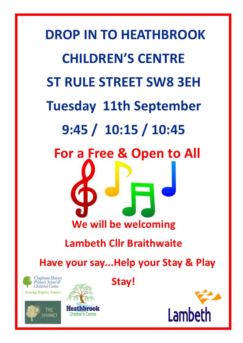 spinneyclapham's tweet photo. @lambeth_council Why not Join us at Heathbrook Children's Centre St Rule Street SW8 3EH next Tuesday 11th September from 9:45am for a Free Music Session! #dropin #freesession #noneedtobook #opentoall https://t.co/16DwHfYL7a
