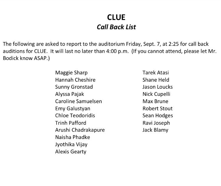 Hey everyone, here is the call back list... Congratulations! Meet in the Auditorium right after school. It should run no later than 4pm. If you can’t make it let Mr. Bodick know ASAP.