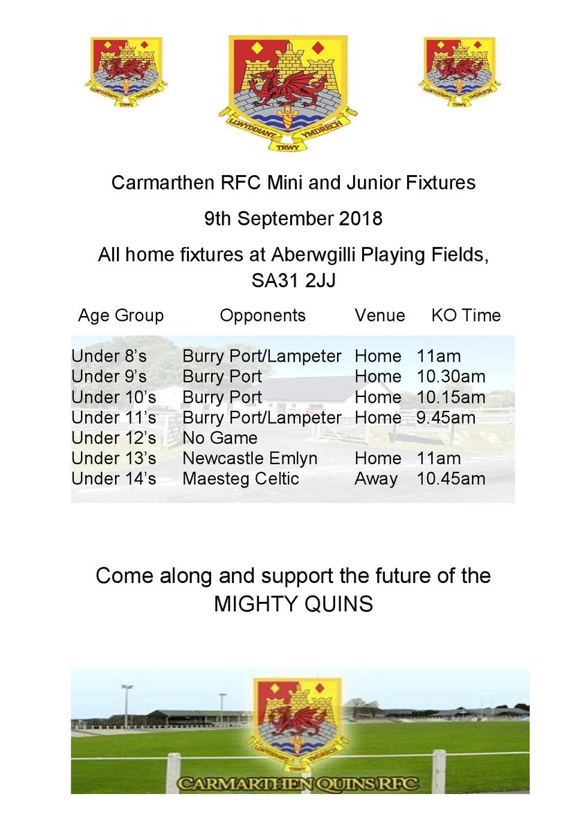 Sunday's Fixtures for the Mighty Mini and Junior Quins <a href="/CarmQuinsRFC/">Carmarthen Quins RFC</a>