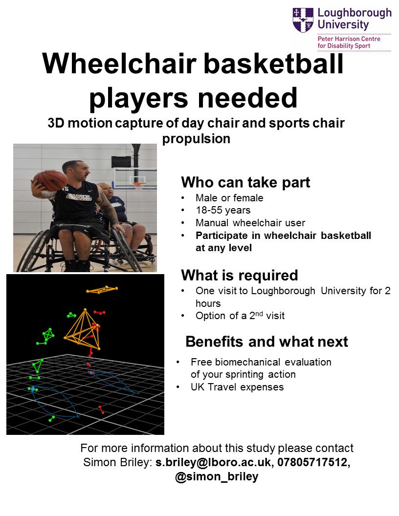 simon_briley's tweet photo. Wheelchair basketball players interested in understanding your day chair and sports chair propulsion technique and it's impact on shoulder pain please contact @simon_briley on s.briley@lboro.ac.uk @PHC_Lboro #Shoulderhealth #Wheelchairbasketball https://t.co/Z5DH4yJOjQ
