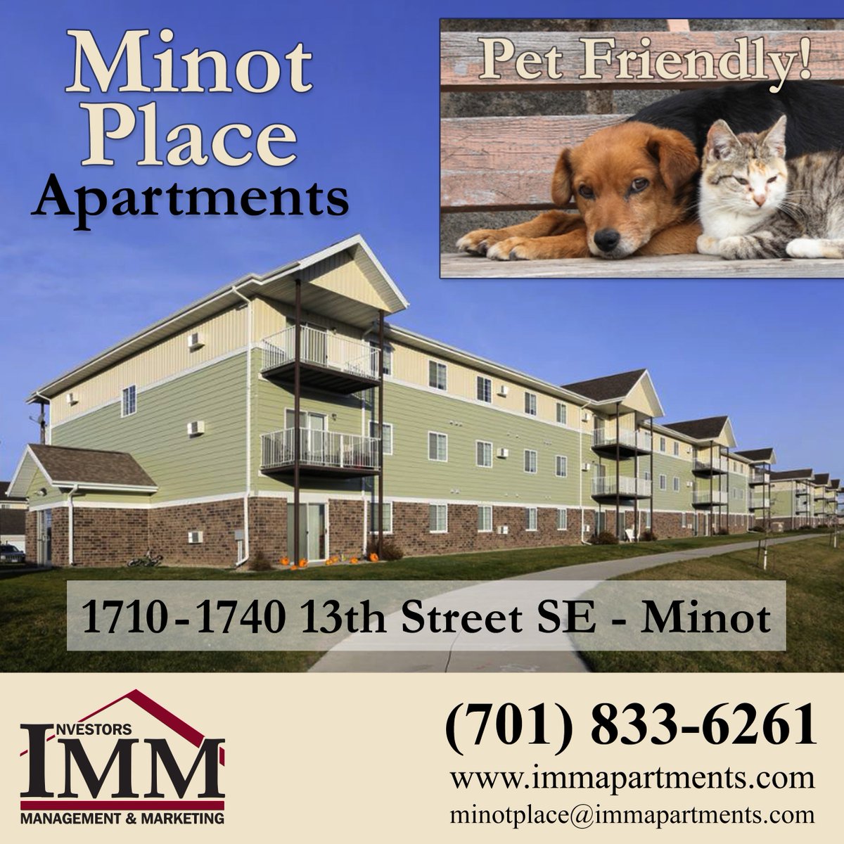 IMM_Apts's tweet photo. Are you looking for a pet friendly apartment?  How about one that offers two bark parks, Free wifi and cable, in-unit washer and dryer, garage, resident manager and more!  Check out Minot Place Apartments!  https://t.co/0FkCN6yCs8 https://t.co/mp9lZuPmYp