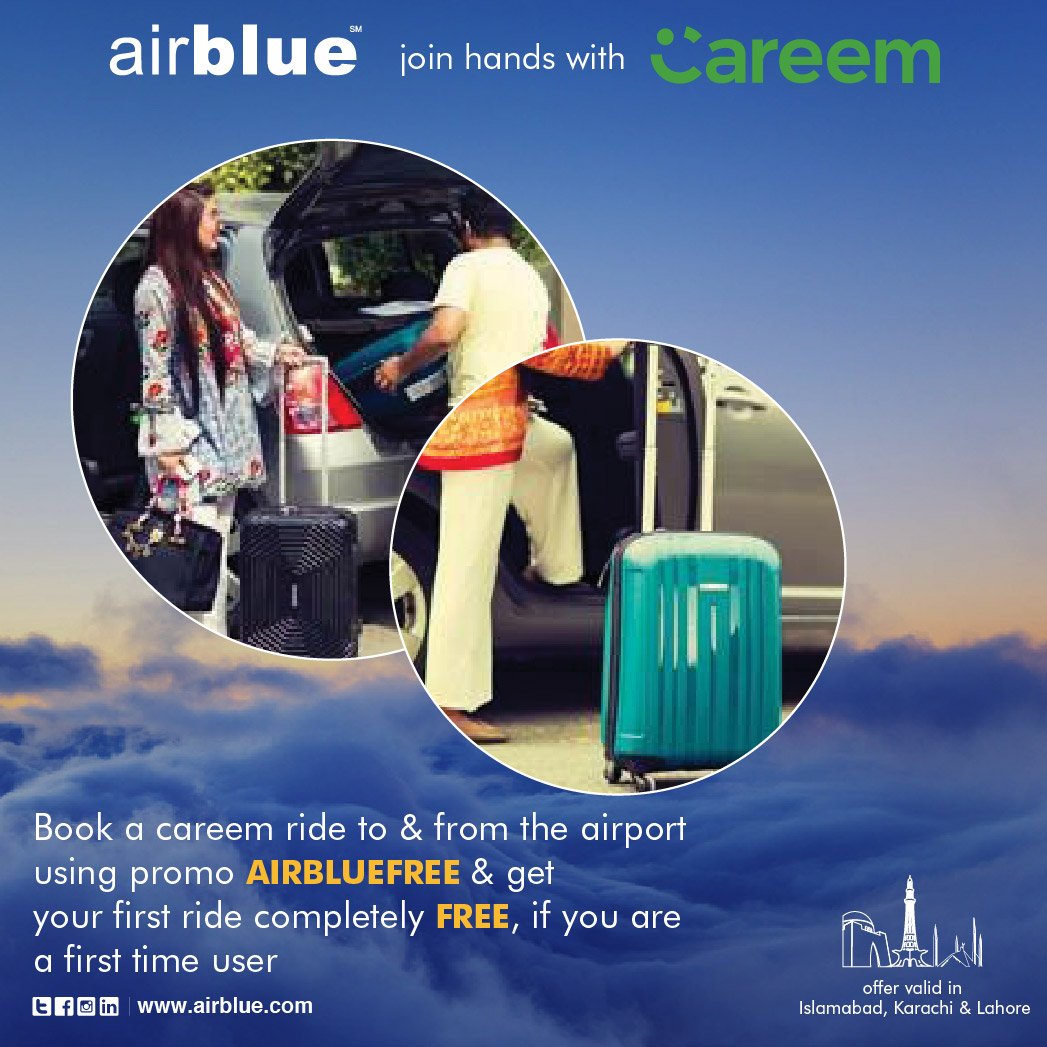 airblueairline's tweet photo. #airblueCareem

#airblue &amp; Careem all set to go an extra mile to take care of you!
#FirstTimeUsers
Book a #CareemRide to/from #airport using #promocode #AIRBLUEFREE &amp; get First #FREE Ride

#travelcompanion #surprises #comingup #staytuned #Karachi #Lahore #Islamabad #Pakistan https://t.co/NTPX8gjwdL