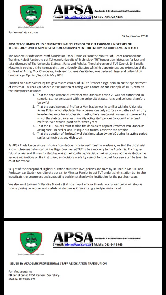 #RELEASELAMOLAREPORT
#How to capture a University
#Diaries of Tshwane University of Technology, brought to you by the illegal chairperson of TUT Council Dr Bandile Masuku and  his side-kick, Vice-Chancellor Professor Van Staden...