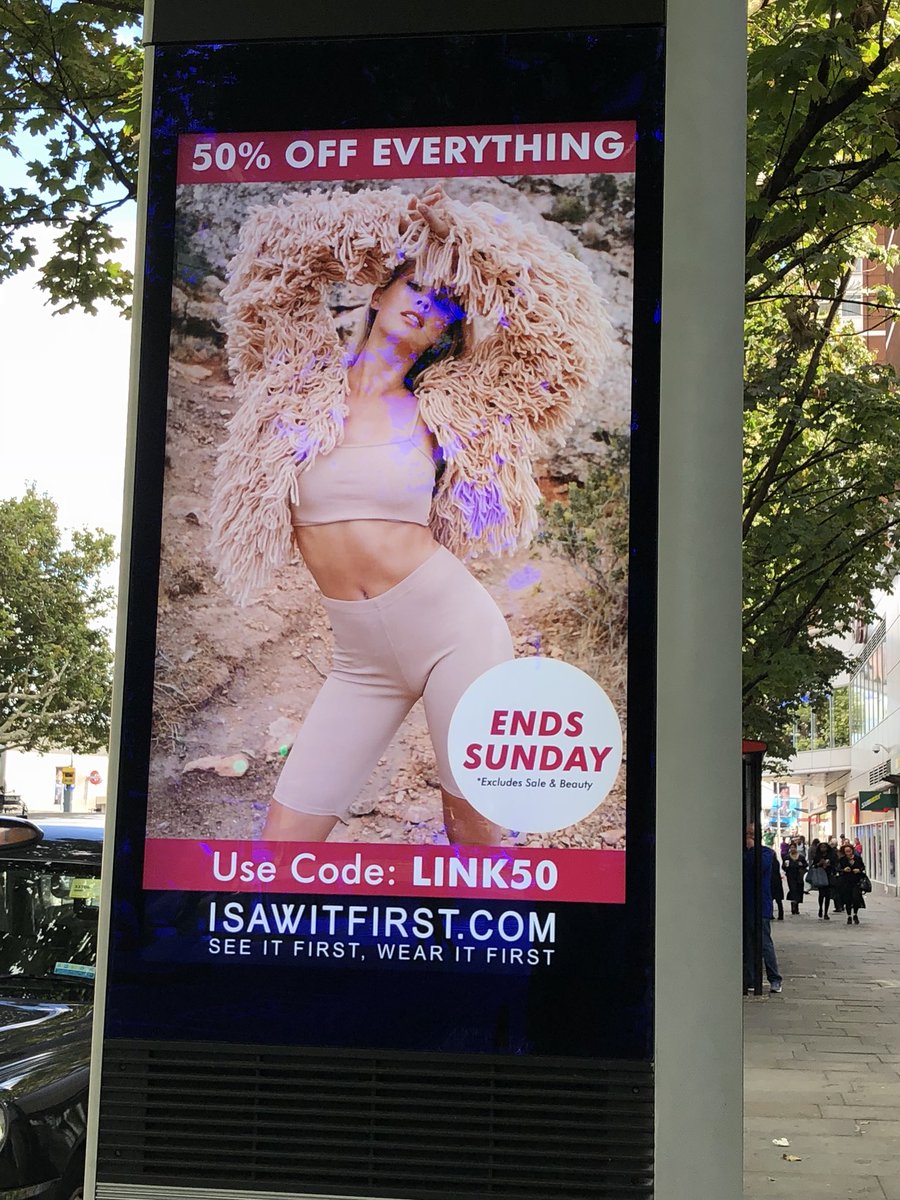 siteaudits's tweet photo. Great #DOOH ad for @isawitfirst on @primesight @InLinkUK #link50 50% off everything using code - why don’t more #mediaowners do this? proof positive the medium works! #Way2Go @primesight 😎 https://t.co/Dio5fkAYLb