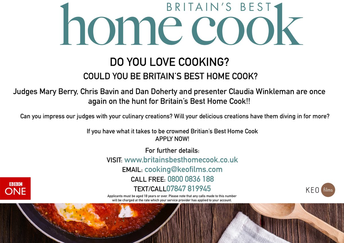 <a href="/Chilli_and_Choc/">Chilli and Chocolate</a> Pls RT - Are you an amazing home cook? Britain's Best Home Cook are looking for applicants for series 2. Apply here: britainsbesthomecook.co.uk Or see the flyer below.