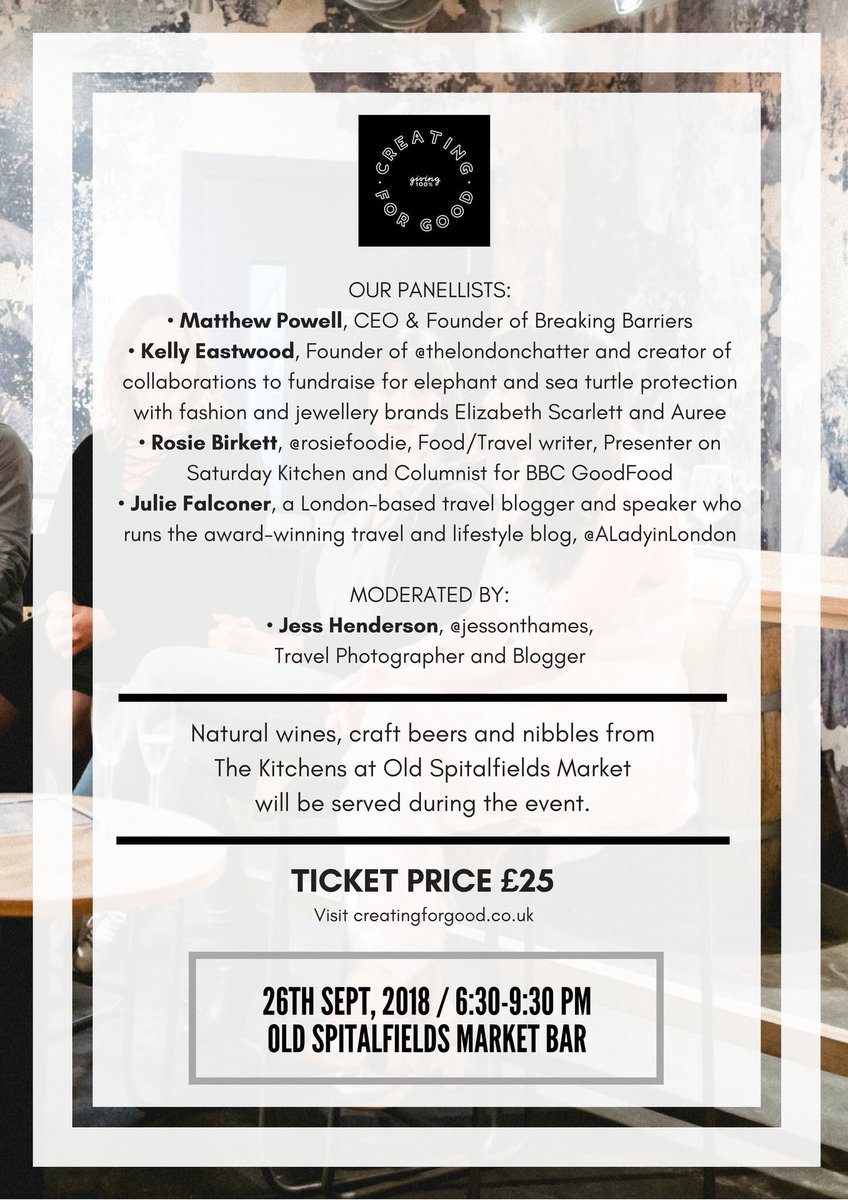 whatinasees's tweet image. Excited to announce @CreatingforGood’s next panel discussion on The Power of Collaboration: when creatives &amp;amp; brands get together to do good. With @RosieFoodie, @TheLDNChatter, @aladyinlondon &amp;amp; @BB_UK1. 
100% sales go to Breaking Barriers 💛 
👉🏼 Sept 26th
creatingforgood.co.uk/sept-2018-panel