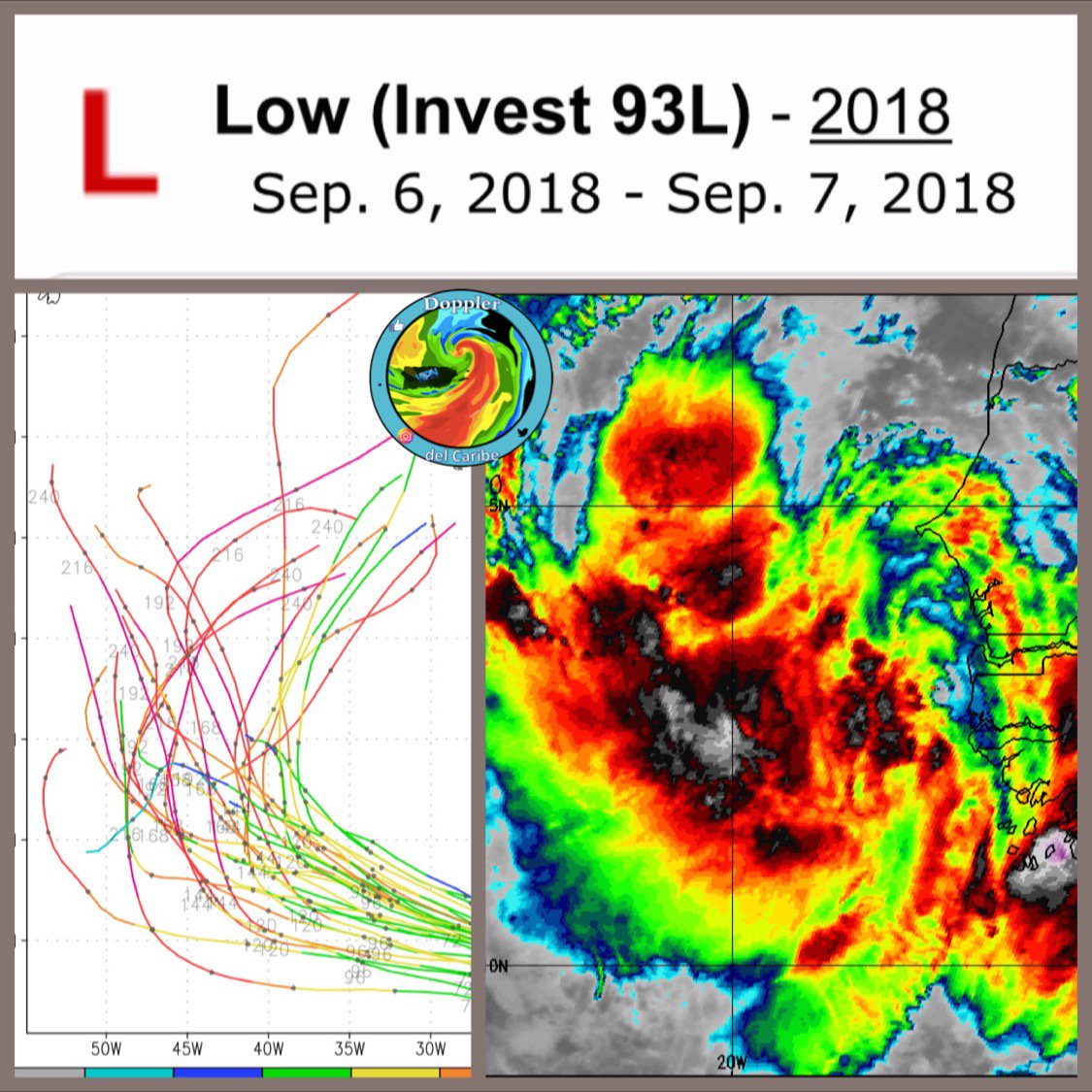 DopplerdePR's tweet photo. Modeloa sugieren el #Inves93L realize un viraje al N provocado por la presencia de fuerte sistema de alta presión atmosférico. Segun Best Track el 93L se ubica en la latitud 13.0°N, longitud 16.7°O https://t.co/zKfvktpe2M