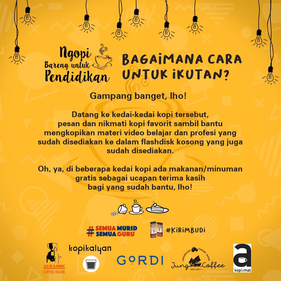 NajelaaShihab's tweet photo. Kamu bisa bantu 9 juta anak di #NgopiBarengUntukPendidikan , minum kopi di @gordi.id @kopikalyan @jakartacoffeehouse @kopiamat @jungcoffee sambil mengkopikan video belajar &amp; profesi ke flashdisk kosong yang akan dikirim ke 10.000 sekolah Indonesia
#semuamuridsemuaguru #kirimbudi https://t.co/ArzDqTkGcZ