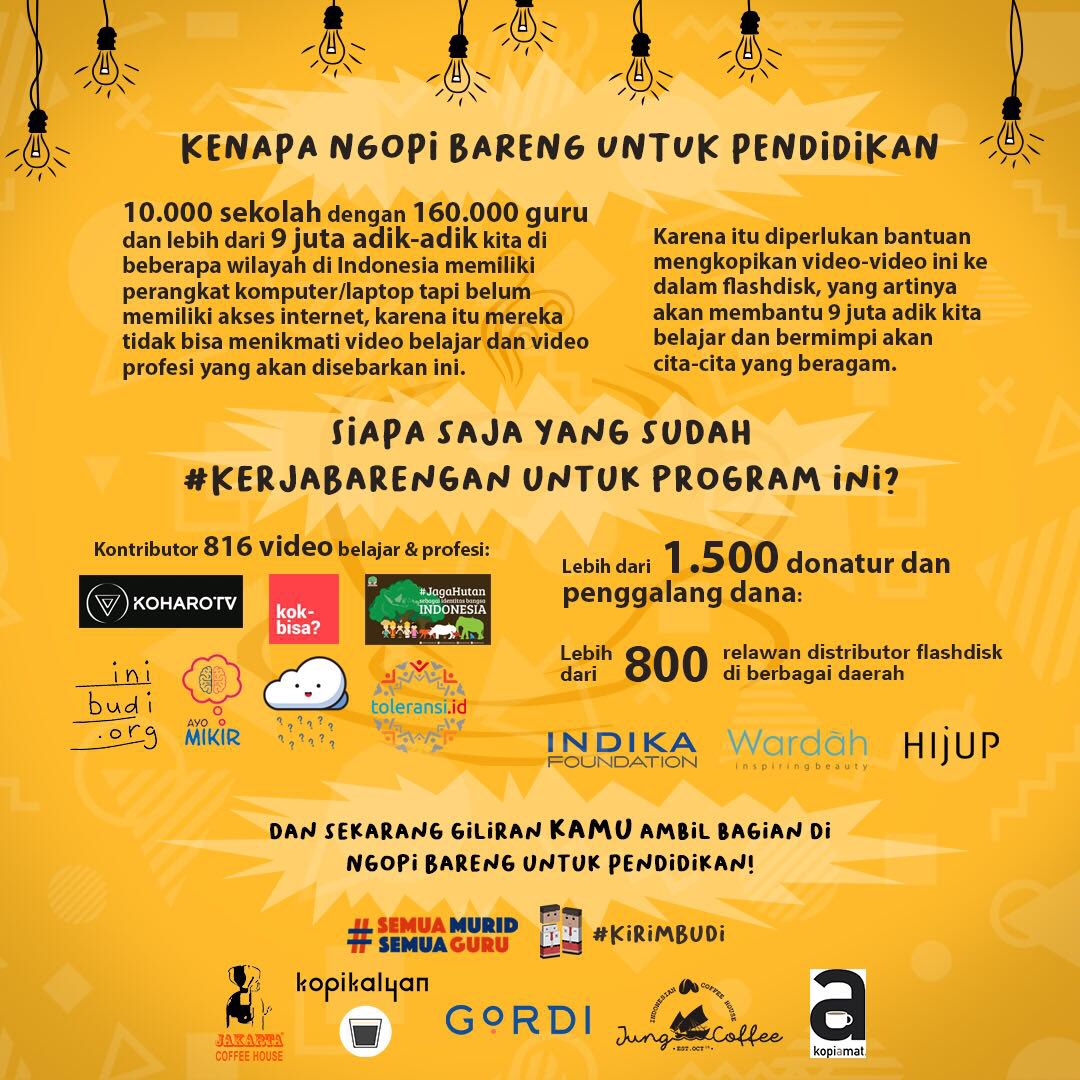 Kamu bisa bantu 9 juta anak di #NgopiBarengUntukPendidikan , minum kopi di <a href="/gordi/">Kevin Diaz</a>.id <a href="/kopikalyan/">kopikalyan</a> @jakartacoffeehouse @kopiamat @jungcoffee sambil mengkopikan video belajar &amp; profesi ke flashdisk kosong yang akan dikirim ke 10.000 sekolah Indonesia
#semuamuridsemuaguru #kirimbudi