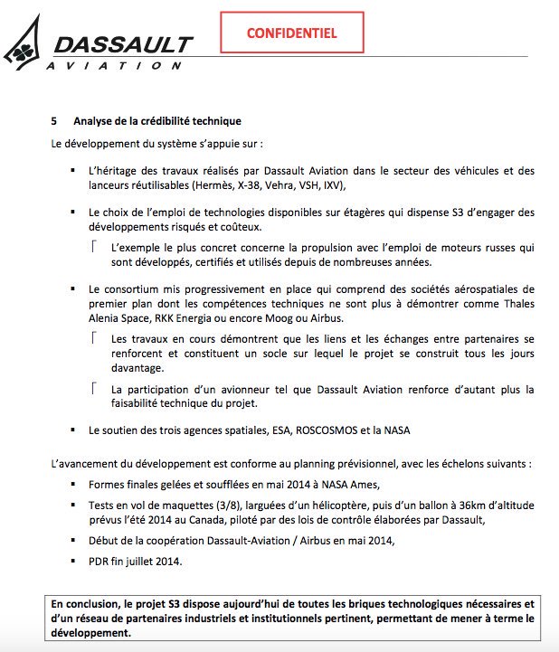 8/13 Juil. 2014,éval.S3 p/ <a href="/Dassault_OnAir/">Dassault Aviation</a> ,analyse de la crédibilité tech.:«le projet S3 dispose de toutes les briques techno. nécessaires &amp; un réseau de partenaires industriels &amp;institutionnels pertinent permettant de mener à terme le dévelop.» #nodreamer <a href="/24heuresch/">24 heures</a> <a href="/CAnsermoz/">Claude Ansermoz</a>