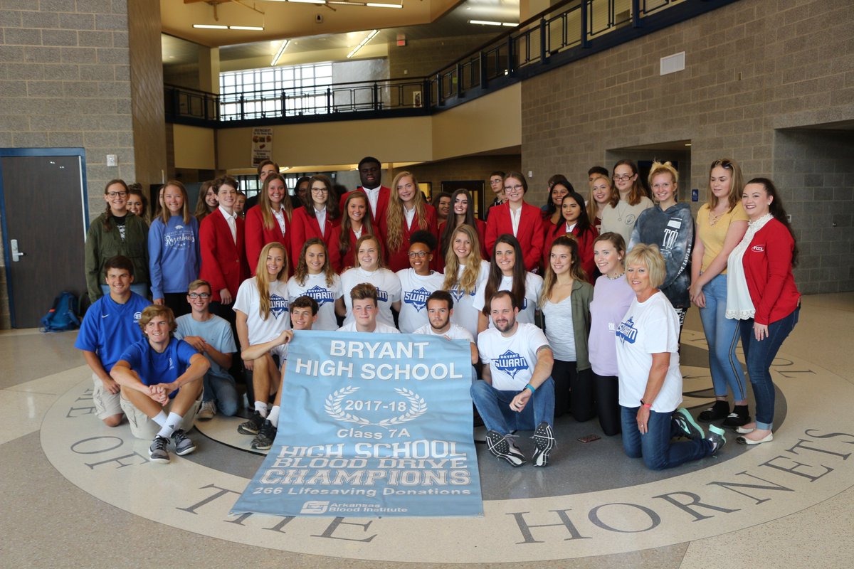 BryantSchools's tweet photo. Arkansas Blood Institute named Bryant High School  Class 7A Blood Drive Champions for 266 lifesaving donations, the most of any 7A school in the state. What great community service, Hornets! @bryanthshornets https://t.co/6ie9WqVyc3