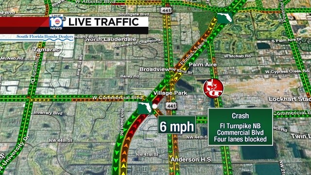 #TRAFFICALERT Crash on Turnpike NB at Commercial Blvd. Four lanes blocked. Delays back to Sunrise Blvd. https://t.co/JqDHwi0gFh