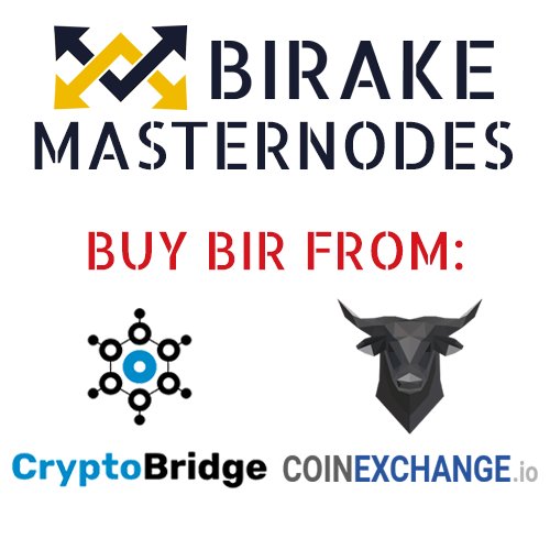 BIRAKE in Top 5 volume in coinexchange.io!
Rewards will increase in 350 block!
We are listed now on: 
coinexchange.io/market/BIR/BTC 
wallet.crypto-bridge.org/market/BRIDGE.…
#Birake #Masternodes #Crypto #cryptocurrency