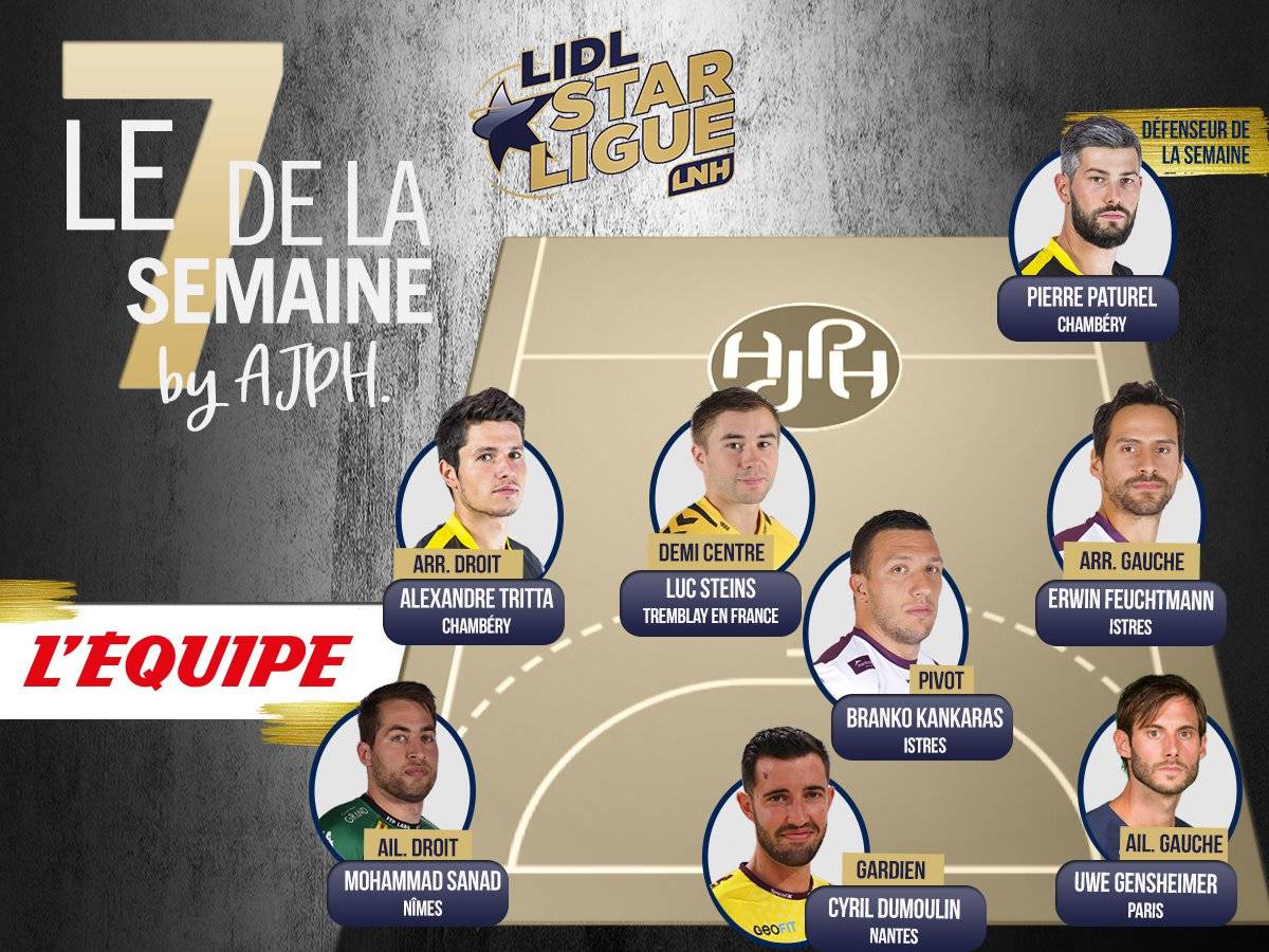lequipe's tweet photo. 🤾♂️Hand : Dumoulin, Gensheimer, Feuchtmann, Steins, Tritta, Sanad, Kankaras et Paturel dans le 7 de la 1ere journée de Lidl Starligue https://t.co/l7YWW3fA1i https://t.co/sxFameN98X