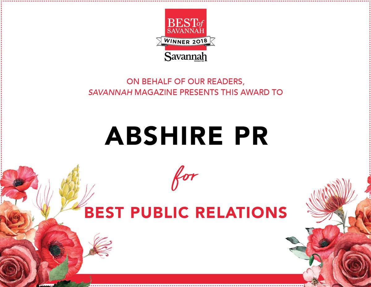 AbshirePR's tweet photo. We are blessed with the company we keep! Thank YOU Savannah for voting us BEST OF PR Firm 4 years running! We love what we do, who we work with, and where we are! XOXO #abshirepr #savannah https://t.co/RICbiY59kV