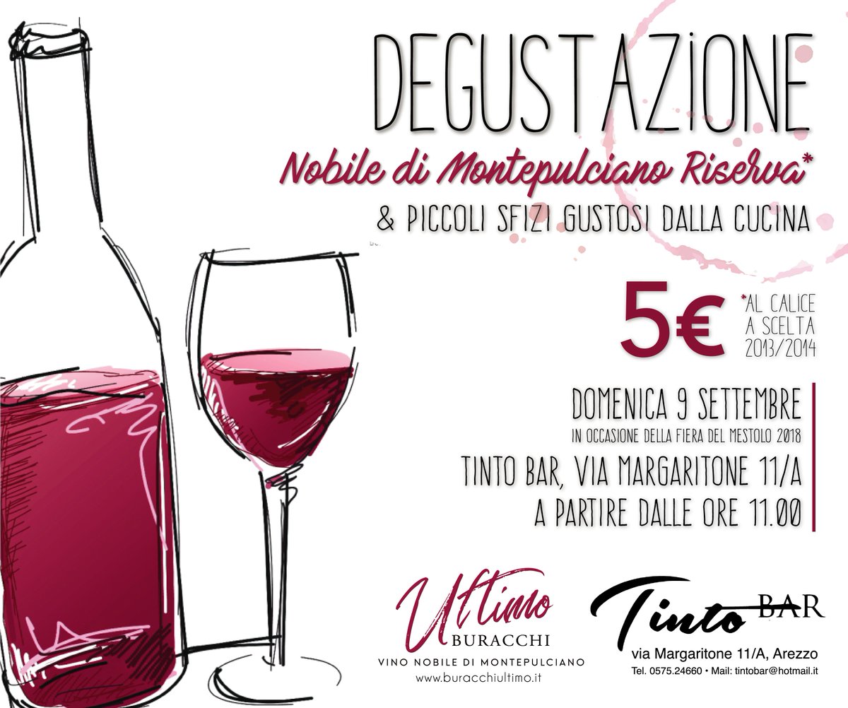Un'intera giornata di degustazione del nostro #vinonobile di #Montepulciano Riserva ad #Arezzo!
➡ Domenica 9/09 dalle 11am
📍 Tinto Bar (via Margaritone 11/A)
🍷 Calice di 'Ultimo' Riserva 2013/2014
🍽️ Affettati e formaggi del territorio
💶 5,00€/persona