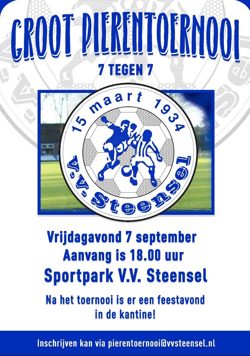 vvsteensel's tweet photo. Vanavond is het grote Pierentoernooi op ons sportpark. We zitten helemaal vol met inschrijvingen maar kom gerust kijken en een drankje doen #steensel #pieren 🔵⚪️⚽️ https://t.co/Hmn5zDUZRm