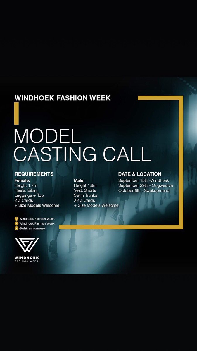 julia_eino's tweet photo. NAMIBIAN MODELS , WE ARE LOOKING FOR YOU! Round 1 Of Castings > Windhoek , Ongwediva and Swakopmund .NB: You will not be permitted into the casting venue without x2 Z cards
#TagAModel #VenueToBeConfirmedADayBeforeCasting #WFW https://t.co/13HPh4p3hI