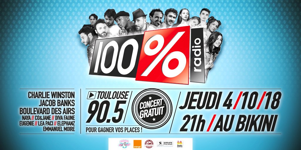 100pour100radio's tweet photo. #concert #événement de la #Rentree2018 à #Toulouse Envoyez CONCERT suivi de votre nom+prénom+tel au 7 17 18 et GAGNEZ vos INVITATIONS ! 100% le concert événement le 4 octobre au Bikini https://t.co/ZH4C7r1izw
