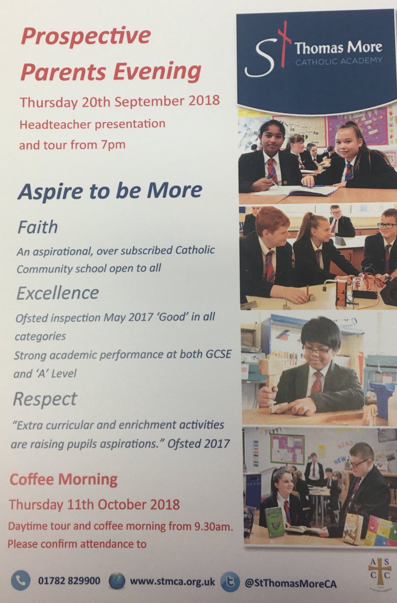 Looking forward to seeing all Y6 parents and pupils @StThomasMoreCA on Thursday 20th September at 7pm for the Prospective Parents Evening #AspireToBeMore