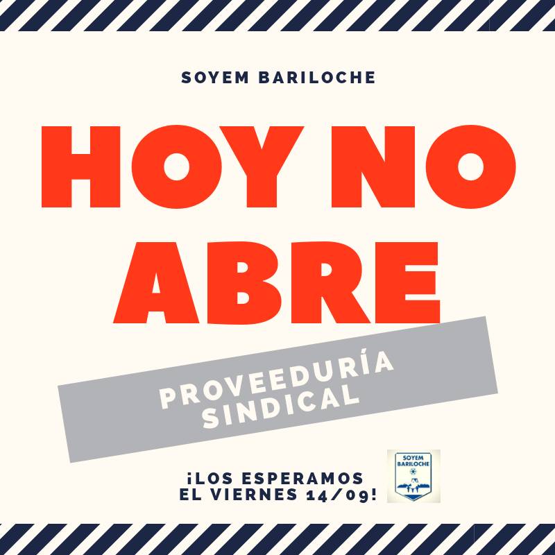 HOY NO ABRE LA PROVEEDURÍA SINDICAL 

El #Soyem #Bariloche informa🔊 que hoy no abrirá la #ProveeduríaSindical. 🛒 👩‍💻👨‍💻+ INFO 👉 bit.ly/2wKpCIn

#SoyMunicipal #Municipales #Beneficio