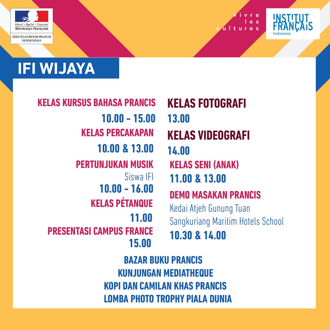 IFI_Indonesia's tweet photo. Untuk kamu yang sudah tidak sabar untuk #OpenHouseIFI #PorteOuverteIFI, inilah berbagai aktifitas yang dapat kamu ikuti di IFI Jakarta!
Selengkapnya: https://t.co/WWpcgwJlFF https://t.co/moo9m16b5Y