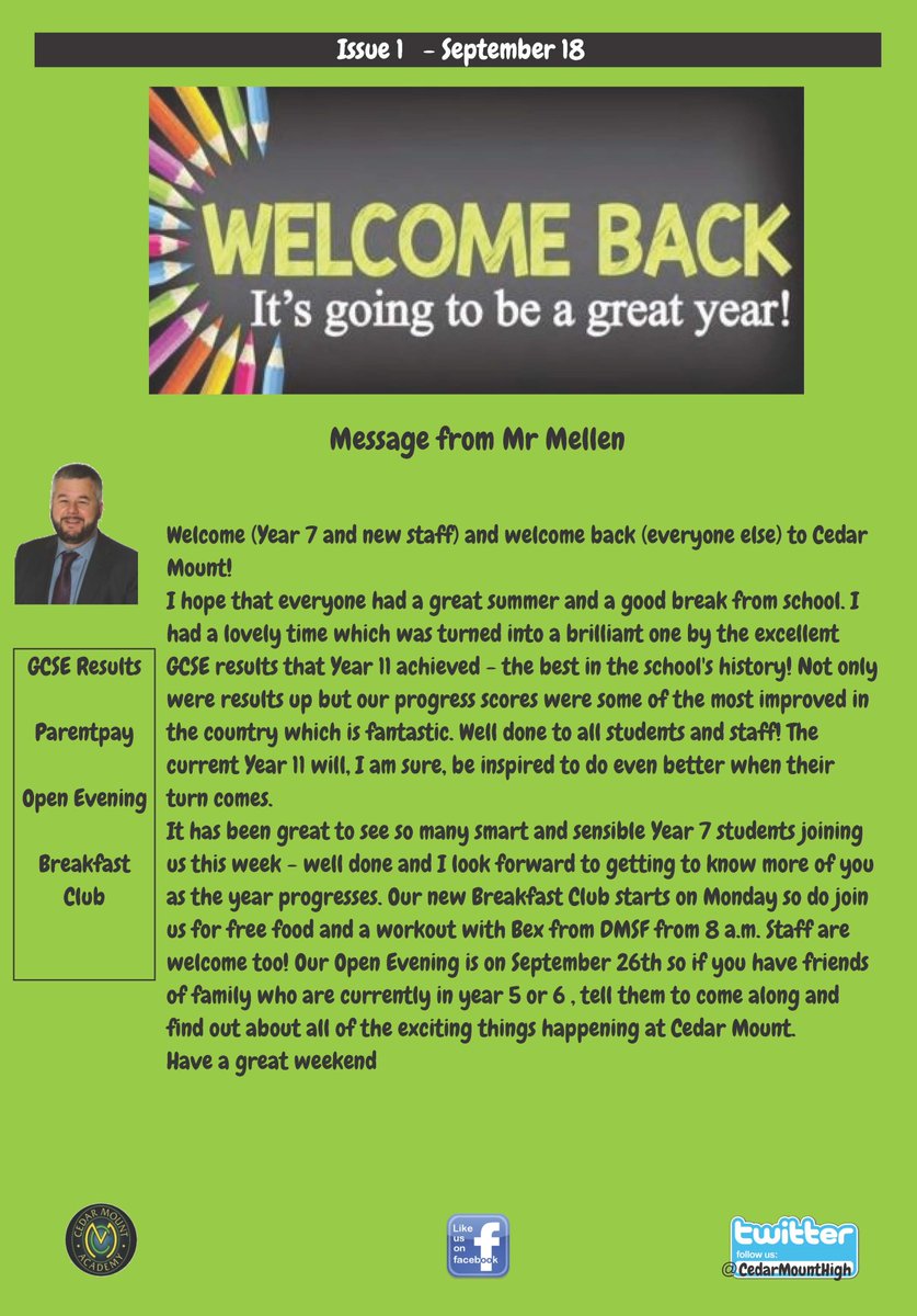 CedarMount_BF's tweet image. Welcome back to the 1st newsletter of the new academic year. There are some important announcements and celebrations #GCSEs2018 bit.ly/2Nn6CcA