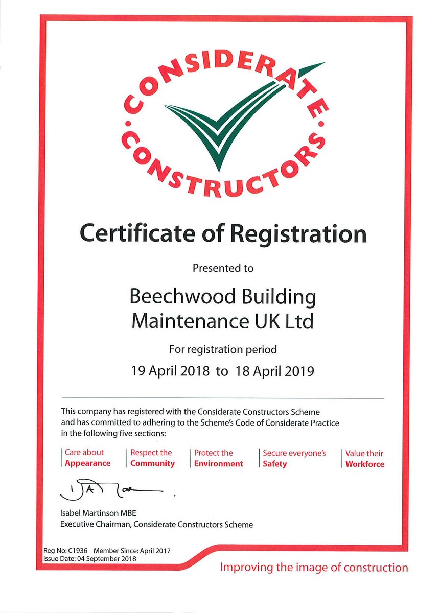Delighted to have achieved a Performance Beyond Compliance Certificate from <a href="/CCScheme/">Considerate Constructors Scheme</a>