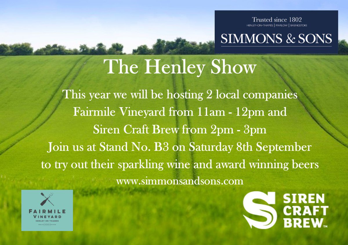 <a href="/SimmonsandSons/">Simmons & Sons</a> will be at <a href="/thehenleyshow/">henleyfarmandcountryshow</a> tomorrow pop in and see us Stand B3 for some wine and beer tasting