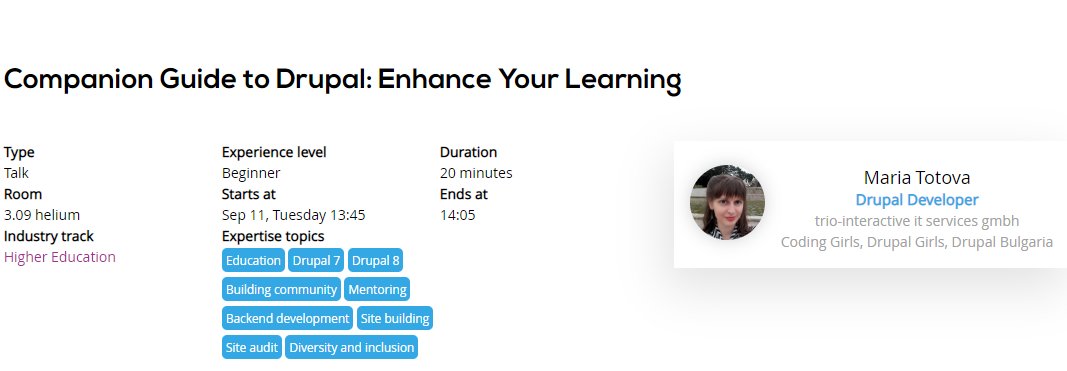 CodingGirlsCom's tweet photo. We are super excited about @DrupalEurope and looking forward to it! 

Join @Marie77e and learn how to enhance your learning with #Drupal Companion Guide: https://t.co/LaBiwuP5oP

Date: Sep 11, Tuesday 13:45

#loveDrupal #DrupalCommunity #DrupalEurope
#femalespeakersintech https://t.co/JEUO3WuEWC