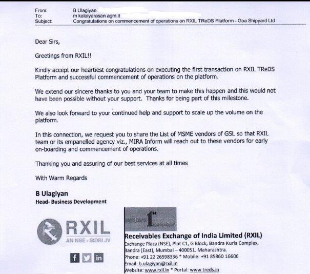 goashipyardltd's tweet image. #GSL commences e-discounting of MSE bills through TReDS/RXIL Govt e-discounting platform. 1st payment made to vendor. Another step in #EoDB by DPSUs. Will reduce working capital requirement of MSEs &amp;amp; encourage participation in Defence Shipbuilding #Indigenization