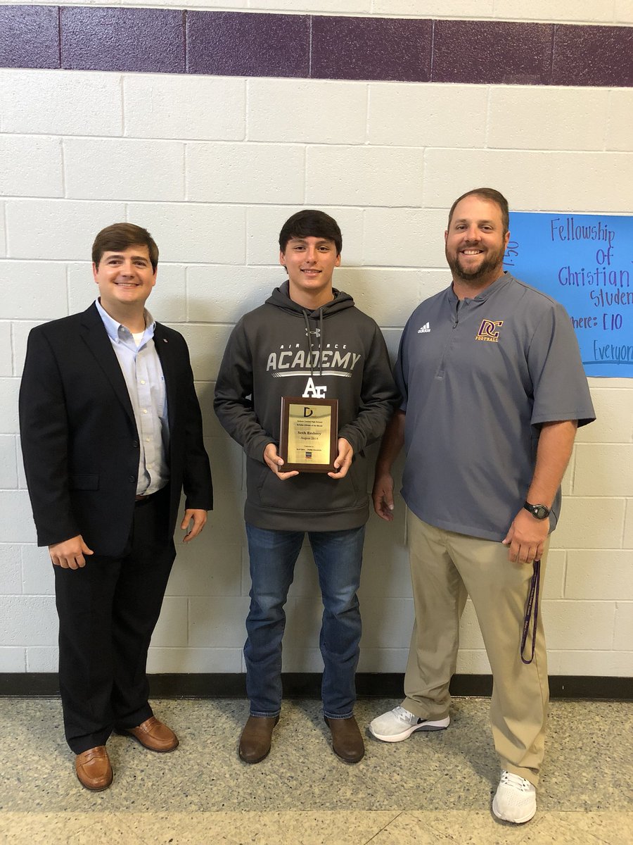 CoachShelbyFord's tweet photo. Congratulations to Punter/Kicker Seth Embrey for being selected as the Shelter Insurance Scholar Athlete of the Month! Seth has a 4.2 GPA, a 32 on his ACT and is also on the DC soccer team. Thank you Scott Sims for presenting @Embrey_27 with this plaque. https://t.co/X9M6vq2IVi