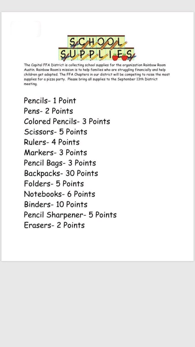 Hey guys if you guys bring 3 things from this list you get an hour of service!! drop it off in Mrs. Veraa’s room!