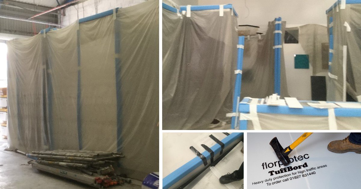 FlorprotecLtd's tweet image. A new showroom #fitout having #temporaryprotection foam edges and polythene on the #retail stands and ‘Tuff bord’ (#correx boards) protecting the #flooring.
