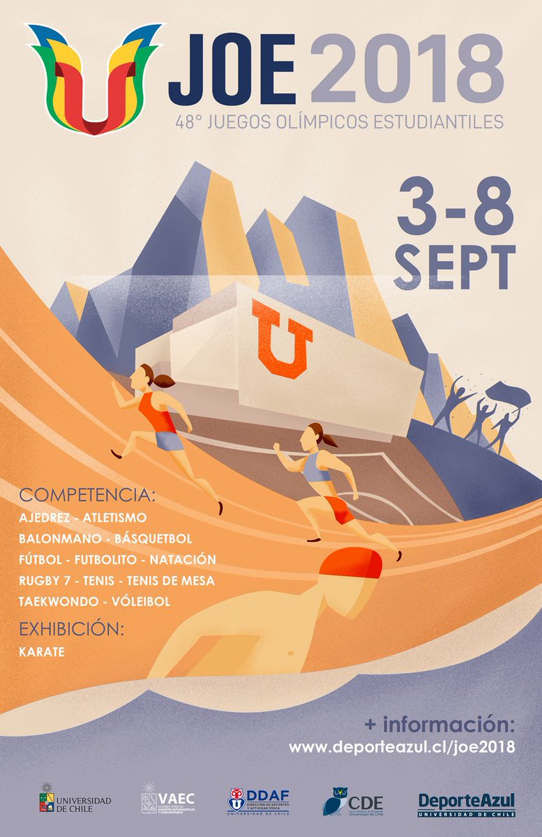 DeporteAzul's tweet photo. #BuenViernes! Hoy continuamos con los #JOE2018 en @uchile, les recordamos que mañana realizaremos el sorteo, así que aprovechen de seguir compartiendo para participar 😃 https://t.co/2qxxk0lEmf