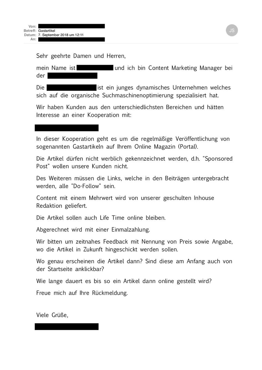Bezahlten Werbemüll ohne Kennzeichnung in "Gastartikel" packen wollen und gleichzeitig Unternehmen in SEO beraten. Finde den Fehler ...