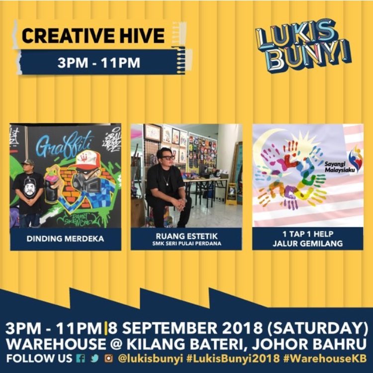 syafiqahsanii's tweet photo. Sabtu ini di #LukisBunyi2018 !
Jom serbu @warehouse.kb ramai-ramai join event @lukisbunyi !
#WarehouseKB #LoveSuria #KamiPIS #Skateselatan #CintaSyriaMalaysia #SayangiMalaysiaku #Malaysia #MERDEKA61 #Merdeka #Stickybox #TheLawra #Nastia #AmirJahari #CoraBand #KugiranMasdo https://t.co/nIkpPU0MZW