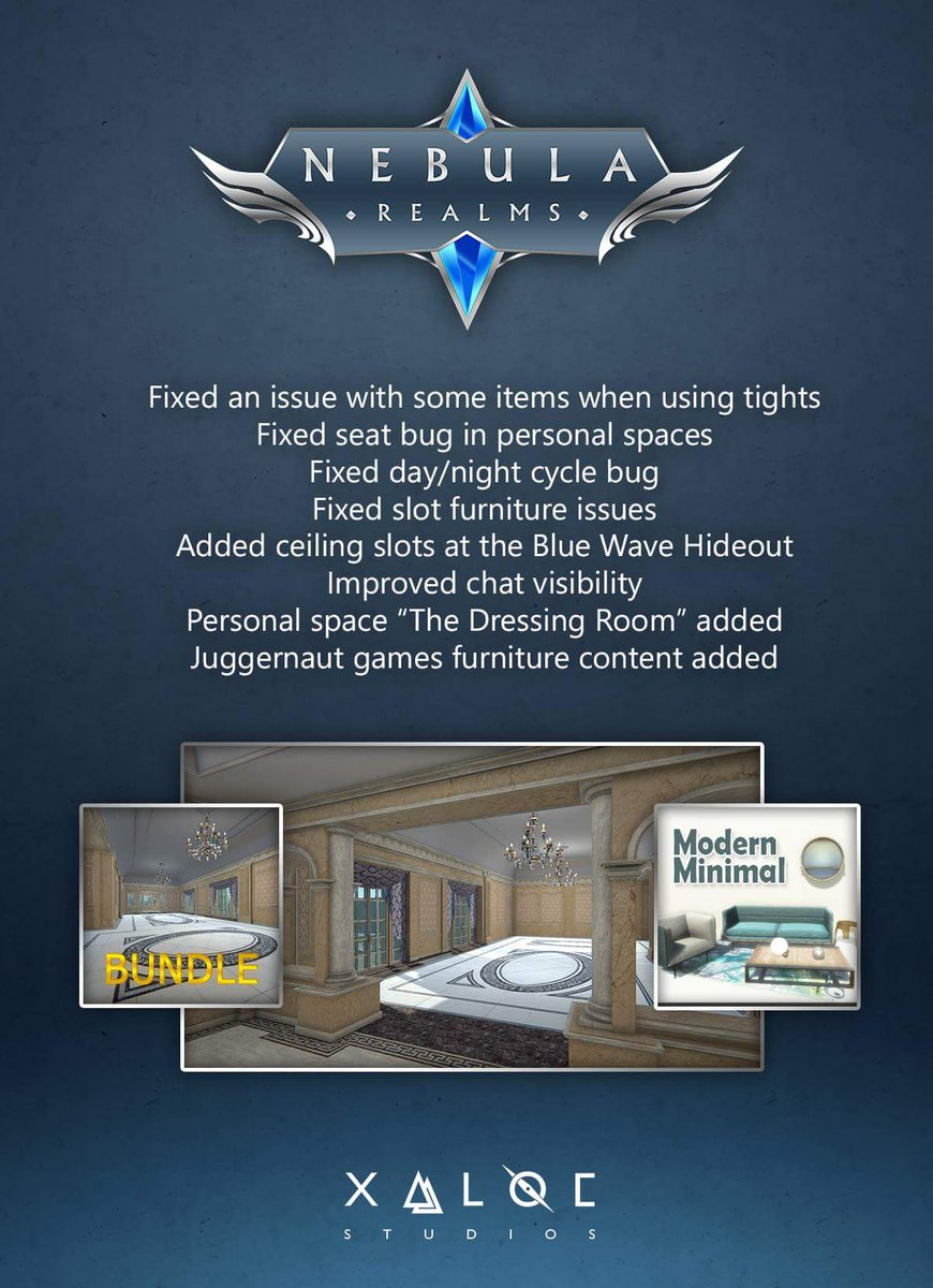 Y2David's tweet photo. Patch Update 1.60(NA), 1.33(EU) for #NebulaRealms is up! 
- Personal space “The Dressing Room” &amp; @Juggernaut_News furniture content added 
- Improved chat visibility
- Fixed day/night cycle bug, slot furniture &amp; more @NebulaRealms https://t.co/Tk0OqV4HOV https://t.co/IOSmgWU7ms