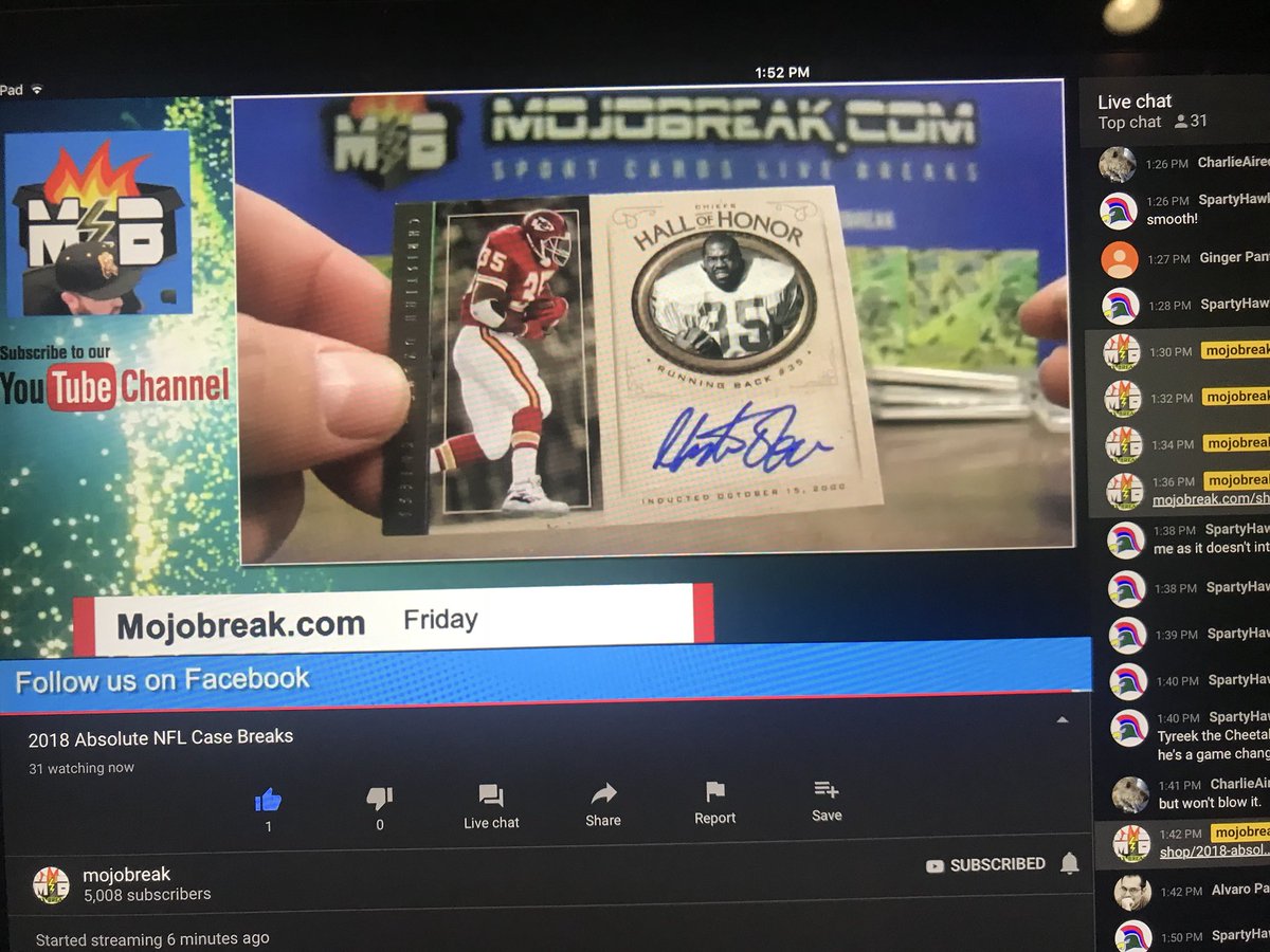 SpartyHawkCache's tweet image. Case #2 has started off good for @SpartyHawkCache!!! The Nigerian Nightmare of @Chiefs lore!!! @mojobreak_com has got it going on right now in this @PaniniAmerica 2018 Absolute case break! #PullingFire 🔥🔥🔥